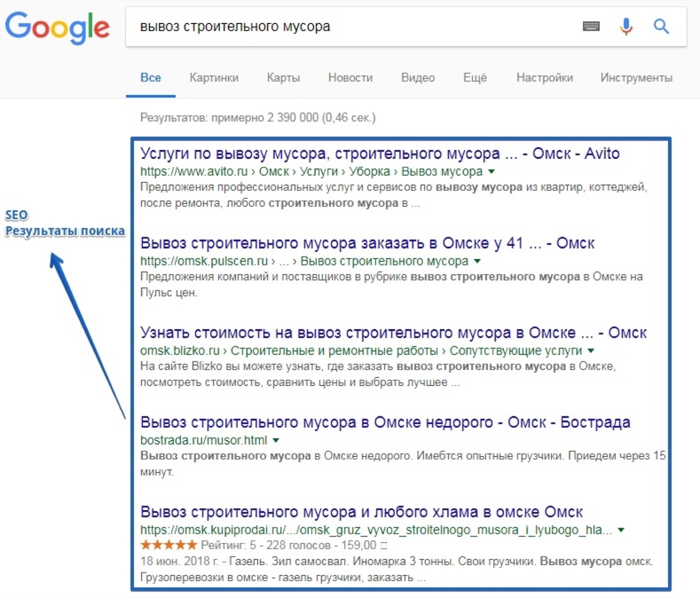 Результаты поиска Google по запросу «вывоз строительного мусора»