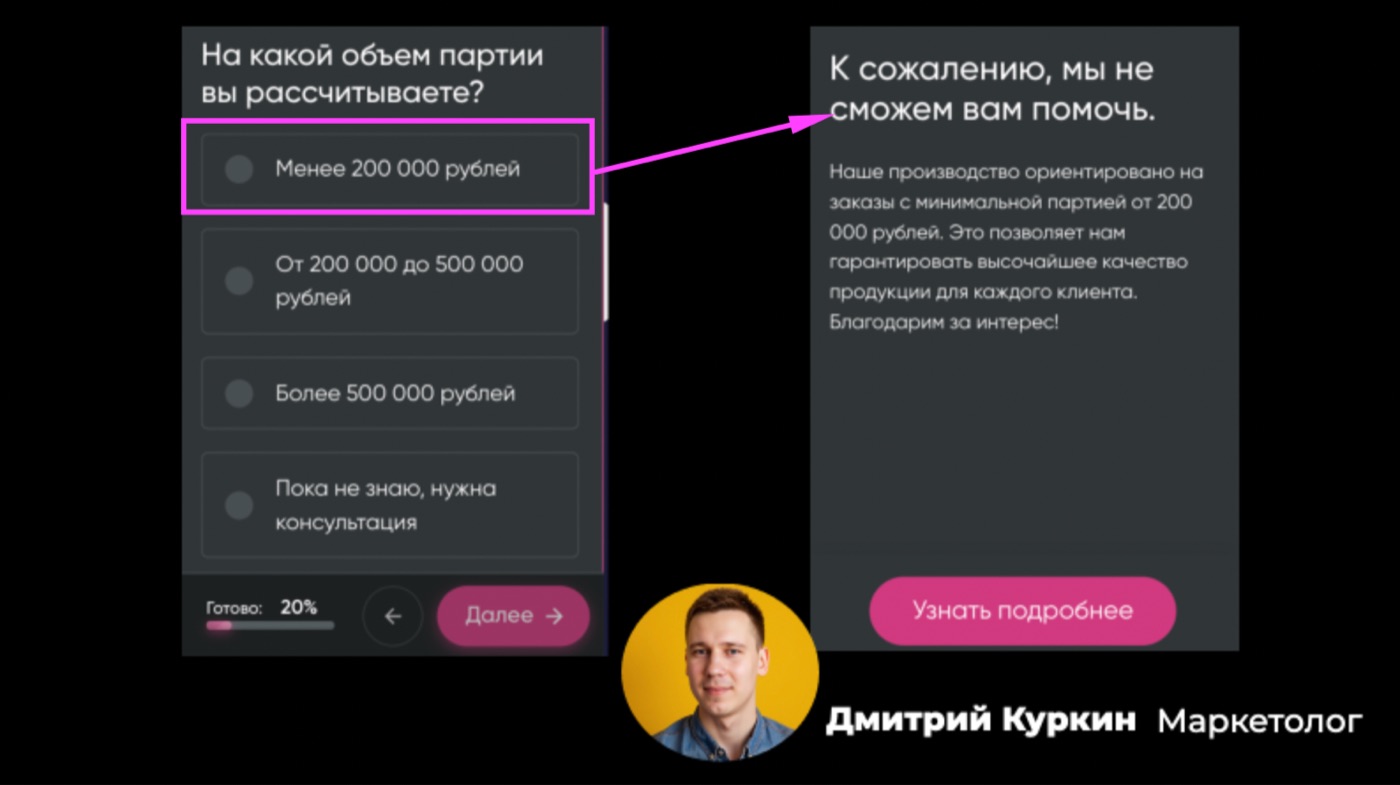 Вопрос в квизе, который отсекает заявки от начинающих предпринимателей