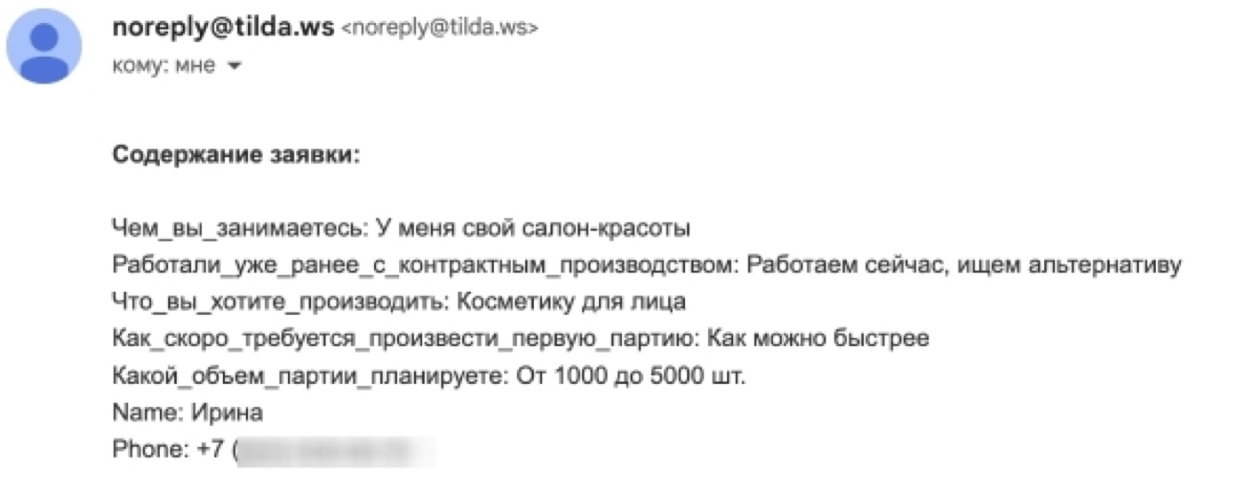 Пример квалифицированной заявки с сайта на почте